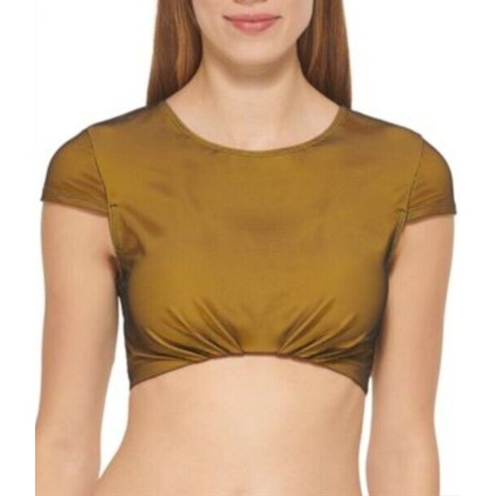 DKNY‎ Women's XS Gold Black Mesh Overlay Crop Cap Sleeve Swim Top NWT 9402